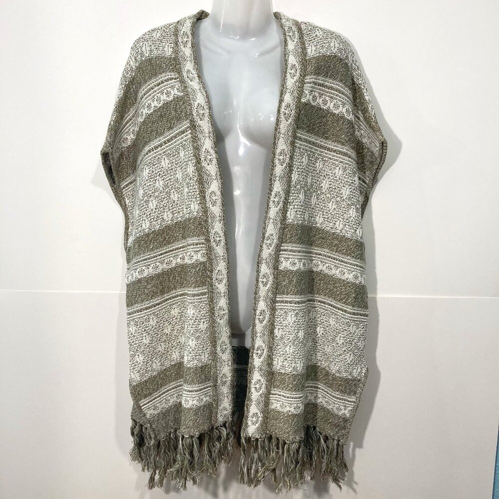 D & Co Knit Cardigan Stripes Sweater Boho Fringe Cotton Green White M/L